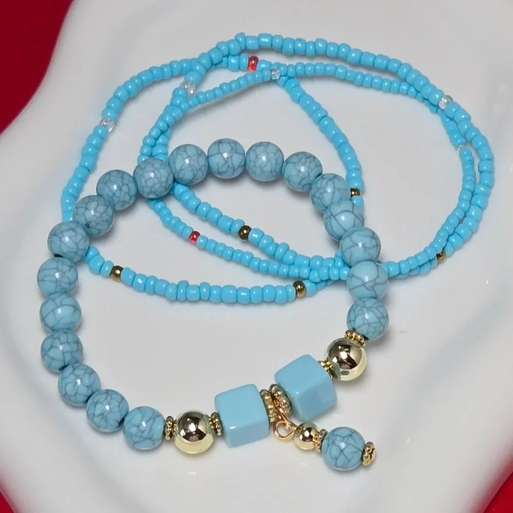 Turquoise Beaded Bracelet Set Gold Charm Stack Boho Stretch Western Southwestern